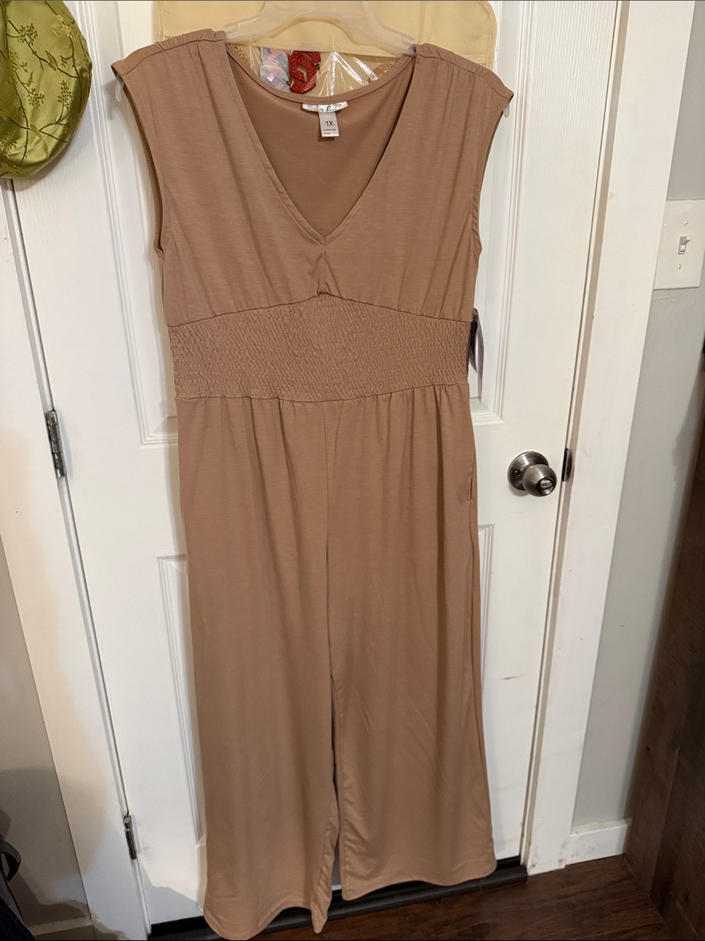 just be Taupe V-Neck Smocked Waist Jumpsuit